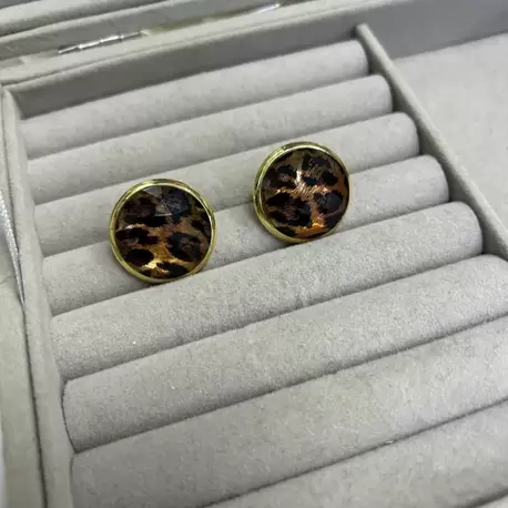 Gold Çerçeve Oval Leopar Küpe