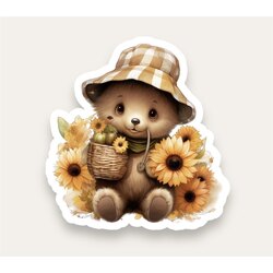 Bear with Sunflowers Tekli Sticker
