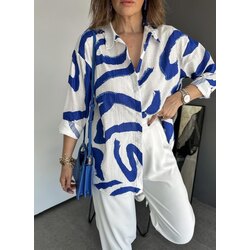 Mavi Boncuk İşlemeli Keten Gömlek
