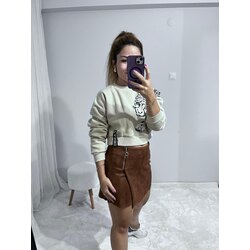 Bisiklet Yaka Baskılı Crop Sweetshirt 