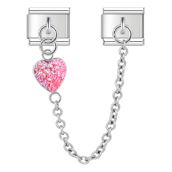 İtalyan Charm - Çift Charm Zincirli Pembe Kalp (9mm)