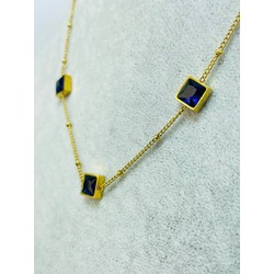 Lacivert 3 Taşlı Çelik Kolye, 40 cm Gold