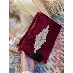 Taşlı Kadife Bordo Clutch 