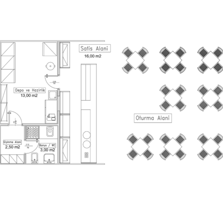 80 m² / Cafe - Restoran Projesi (Autocad - DWG)