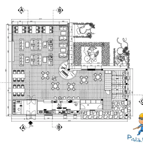 Bar ve Cafe Projesi (Plan + 3 Kesit Çizimi)