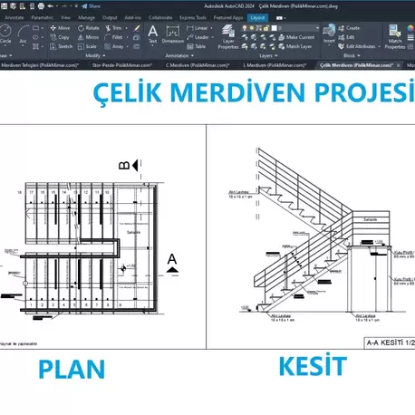 Çelik Merdiven Projesi (Premium) – DWG Çizim Seti (Plan, Kesit, Görünüş)