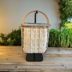 Ahsap Saplı Ekru Motif Çanta /Yazlık Çanta