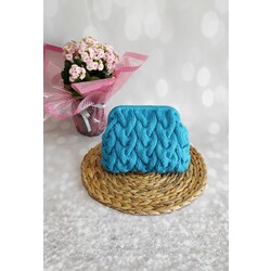 El Yapımı Turkuaz Mavi Örgü Clutch Çanta,Çizgili Desen Astarli