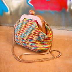 Renkli Rafya, Ahşap Burslu Clutch ve Omuz Çantası