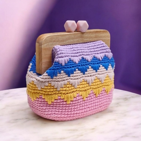 Ahşap Burslu Renkli Rafya Çanta