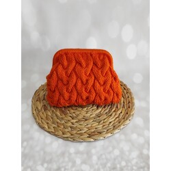 El Yapımı Turuncu Örgü Clutch Çanta,Kedi Desenli Astarlı