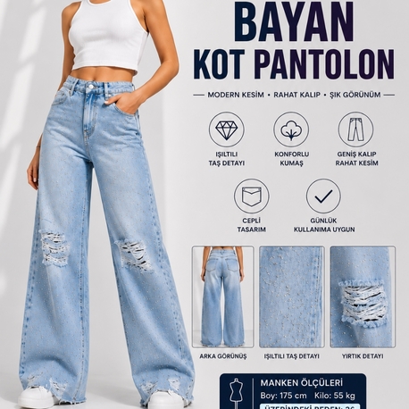 ✨ ZEO BASIC Işıltılı Taş Detaylı Bayan Kot Pantolon

