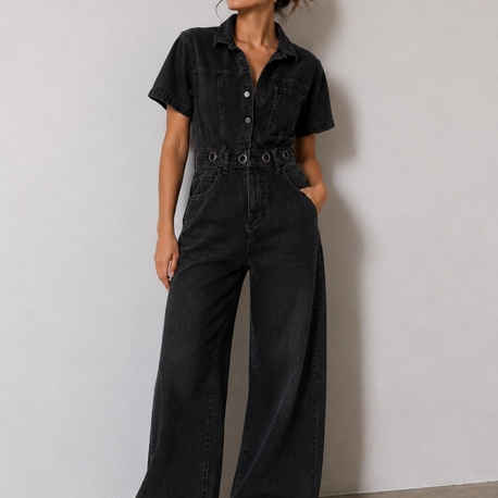 SİYAH DENİM WIDE LEG TULUM