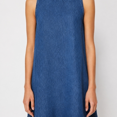 Koyu Mavi Volanlı Oversize Mini Denim Elbise TWOSS23EL01942