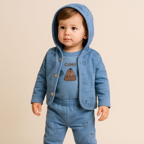 ERKEK BEBEK KAPÜŞON DETAYLI YELEKLİ 3'LÜ SET