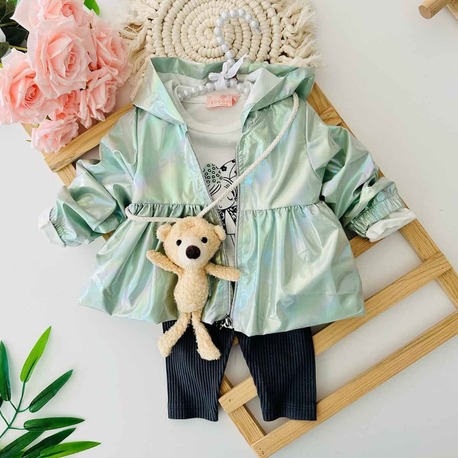 KIZ BEBEK YAĞMURLUKLU 3'LÜ SET ALT - ÜST TAKIM 