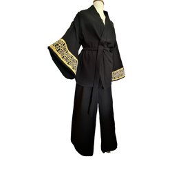 Çift Kat Müslin Kimono Pantolon Takım Siyah Damara