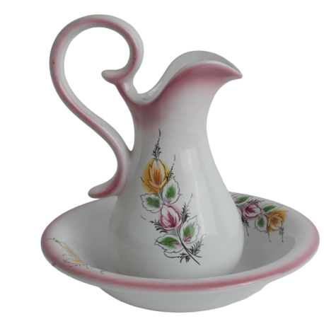 Çiçek Desenli Vintage Porselen Sürahi ve Tabak Seti