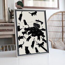 Siyah Saçılmış Mürekkep Kedi llüstrasyon Tasarımlı Tablo BOYUT:(A3) 30 x 42,0 CM |  