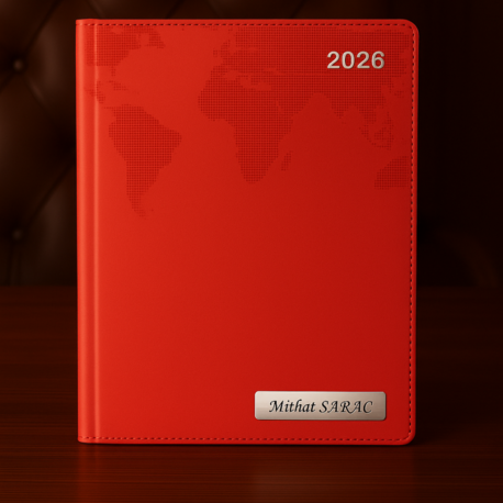 Isme Özel Kırmızı Dünya Baskılı Ajanda 2026 Tarihli - Isme Özel Kalem Hediyeli