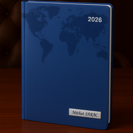 Isme Özel Lacivert Dünya Baskılı Ajanda 2026 Tarihli - Isme Özel Kalem Hediyeli