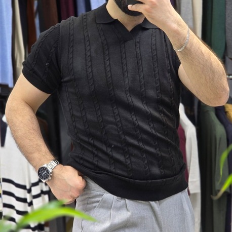 Polo yaka saç örgü pamuk - slim fit triko tişort | T1DU26211
