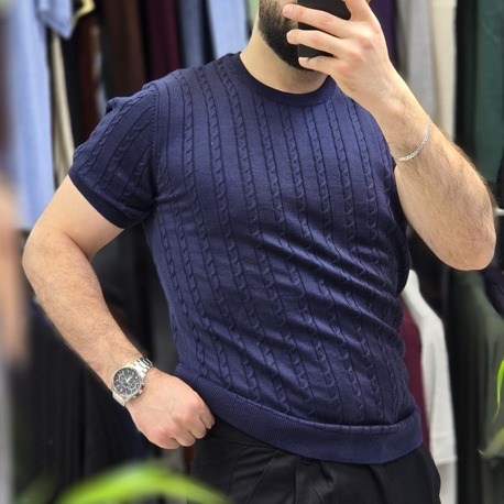 saç örgü bisiklet yaka pamuk - slim fit triko tişort | T4DU26211