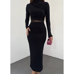SANDY KUMAŞ BELİ TÜL DETAY DRAPELİ ELBİSE