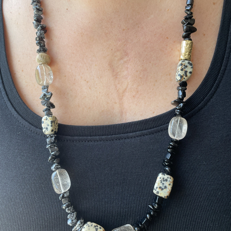 Jasper, Dumanlı kuvars ve Obsidyen Taşlı Uzun Doğal Taş Kolye
