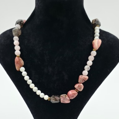 Rodokrozit, Pembe Kuvars & Dumanlı Kuvars Doğal Taş Kolye