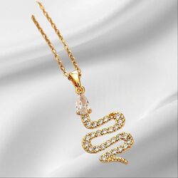 Yılan Zirkon Taşlı Gold Çelik Kolye 