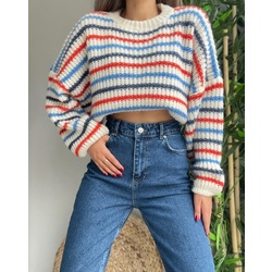 Oversize Crop Çizgili Triko Kazak CT5670
