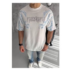 Unisex Bisiklet Yaka Baskılı Oversize T-Shirt - Beyaz
