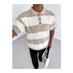 Unisex Yakalı Düğmeli Triko T-Shirt - Bej