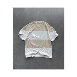 Unisex Bisiklet Yaka Parçalı T-Shirt - Bej