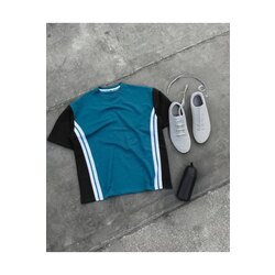 Unisex Bisiklet Yaka Parçalı T-Shirt - Turkuaz