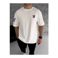 Unisex Bisiklet Yaka Baskılı Oversize T-Shirt - Beyaz