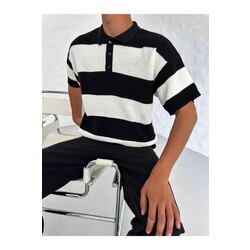 Unisex Yakalı Düğmeli Triko T-Shirt - Siyah