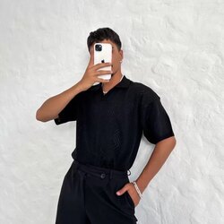Unisex Yakalı Desenli Triko T-Shirt - Siyah