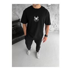 Unisex Bisiklet Yaka Baskılı Oversize T-Shirt - Siyah