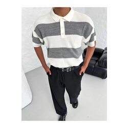 Unisex Yakalı Düğmeli Triko T-Shirt - Gri