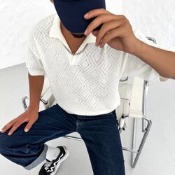 Unisex Yakalı Desenli Triko T-Shirt - Beyaz