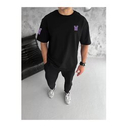 Unisex Bisiklet Yaka Baskılı Oversize T-Shirt - Siyah