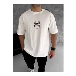 Unisex Bisiklet Yaka Baskılı Oversize T-Shirt - Siyah