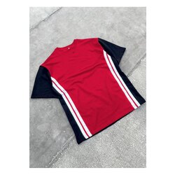 Unisex Bisiklet Yaka Parçalı T-Shirt - Kırmızı