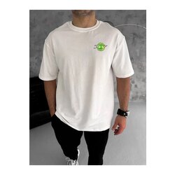 Unisex Bisiklet Yaka Baskılı Oversize T-Shirt - Beyaz