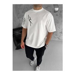 Unisex Bisiklet Yaka Baskılı Oversize T-Shirt - Siyah
