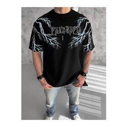 Unisex Bisiklet Yaka Baskılı Oversize T-Shirt - Siyah