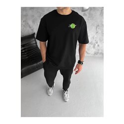 Unisex Bisiklet Yaka Baskılı Oversize T-Shirt - Siyah