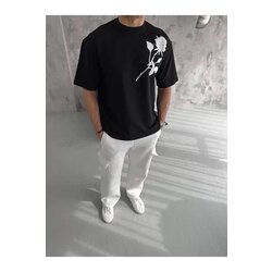 Unisex Bisiklet Yaka Baskılı Oversize T-Shirt - Siyah